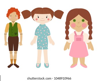 Dolls toy character game dress and farm scarecrow rag-doll vector illustration