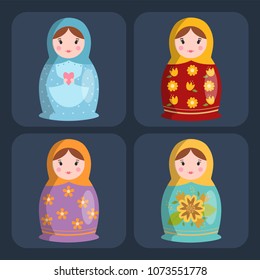 Dolls toy matreshka character game dress and farm scarecrow rag-doll vector illustration