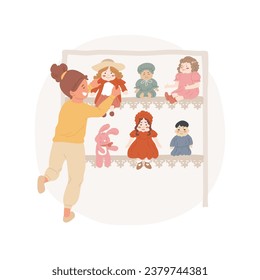 Dolls and toys isolated cartoon vector illustration. Beautiful girl with collection of vintage dolls, collect rare toys items, lifestyle and hobby, hands-on activity vector cartoon.