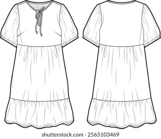 Doll-Style Dress with Tie Neck and Puff Sleeves – Fashion Flat Sketch CAD Template