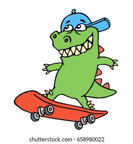 Dolly cartoon dragon in a cap rides on a skateboard. Vector illustration. Cute imaginary animal character.