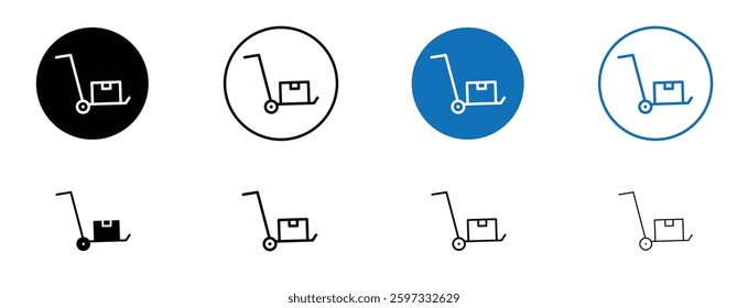 Dolly flatbed icon set in black and blue colors on white background