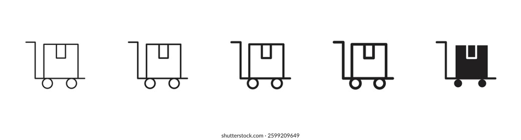 Dolly flatbed icons in black outline, solid and colored style