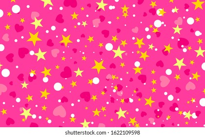 Dolly pink background with confetti in the shape of hearts, circles and stars. Valentines day background. Vector illustration