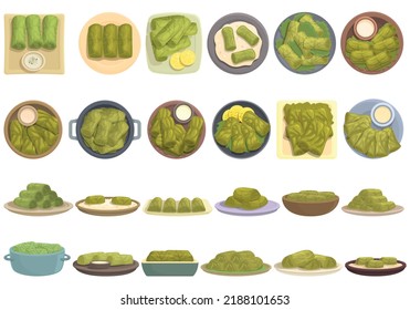 Los iconos de Dolma configuran el vector de dibujos animados. Uva de Armenia. Arroz de carne