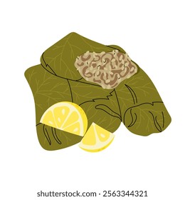 Dolma. National cuisine. Minced meat and rice wrapped in grape leaves. Lemon slice. Flat illustration for menu, restaurant, food blog, recipe.