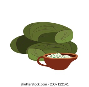 Dolma rolls suffed with spicy minced meat and rice.Sauce yogurt in gravy boat.Tasty Georgian meal made of grape leaves.Traditional Caucasian food.Colorful vector illustration.Homemade national dolma