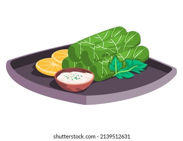 Dolma sarma leaves wrapped rice traditional arab middle east food vector drawing illustration