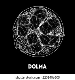 Dolma sketch, Turkish food. Hand drawn vector illustration. Turkish street food. Sketch style. Top view. Vintage vector illustration.