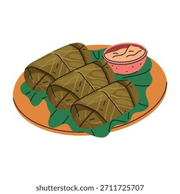 Rollo de hoja de uva rellena o dolma. Vector Cocina árabe o tradicional de Oriente Medio. Arroz o harina de carne, plato de hierbas. Cocina de Turquía o nutrición de Grecia, cocina libanesa. Porción de aperitivo. Icono de receta.
