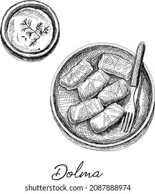 Dolma - stuffed grape leaves with rice and meat. Sketchy hand-drawn vector illustration. 