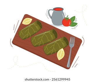 Dolma, stuffed grape leaves. Traditional Middle Eastern cuisine. Vector illustration