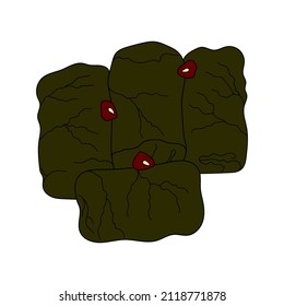 Dolma (tolma, sarma), hojas de uva rellenas con arroz y carne. Cocina griega tradicional. Ilustración dibujada a mano por vectores. Elemento de diseño para la cafetería de menú, el bistró y el restaurante. 