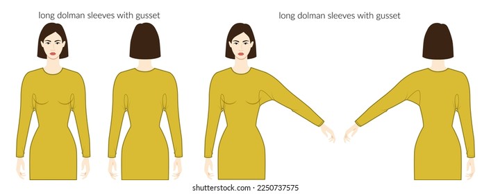 Dolman with gusset sleeves Magyar long length clothes - dresses, tops, shirts technical fashion illustration with fitted body. Flat apparel template front, back sides. Women, men unisex CAD mockup