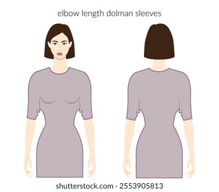 Dolman sleeves elbow length Magyar clothes character beautiful lady in grey top, shirt, dress technical fashion illustration. Flat apparel template front, back sides. Women men unisex CAD mockup