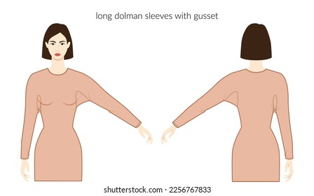 Dolman sleeves with gusset Magyar long length clothes lady character in dress, top, shirt technical fashion illustration, fitted. Flat apparel template front, back sides. Women, men unisex CAD mockup