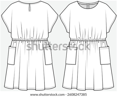 DOLMAN SLEEVES KNIT DRESS WITH PATCH POCKET DETAIL DESIGNED FOR TEEN AND KID GIRLS IN VECTOR FILE