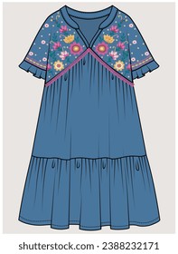 DOLMAN SLEEVES TIERED DRESS WITH V NECKLINE AND THREAD EMBROIDERY DETAIL DESIGNED FOR TEEN GIRL, TWEEN GIRLS AND KID GIRLS IN  VECTOR ILLUSTRATION