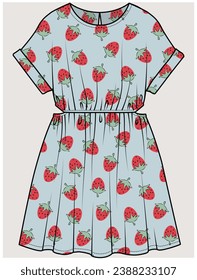 DOLMAN SLEEVESSTRAWBERRY PATTERN DRESS WITH CUT OUT WAIST DETAIL DESIGNED FOR TEEN GIRL, TWEEN GIRLS AND KID GIRLS IN  VECTOR ILLUSTRATION