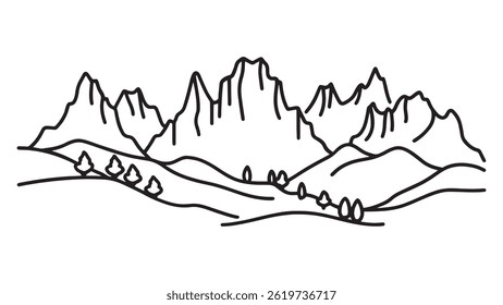Dolomites in Italy, showcasing towering peaks and lush valleys under a clear blue sky line art flat vector illustration
