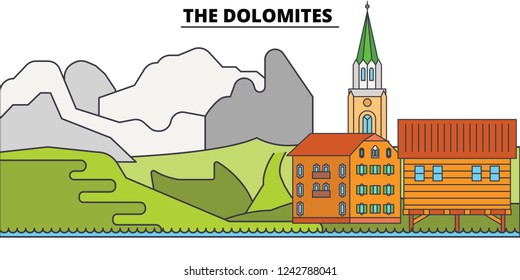The Dolomites  line travel landmark, skyline, vector design. The Dolomites  linear illustration. 
