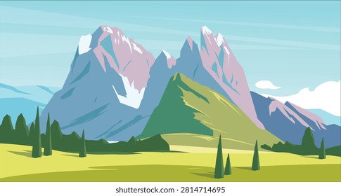 Dolomites mountain landscape with alpine meadows. Scenic panoramic nature background in modern minimalist design. Flat style vector illustration
