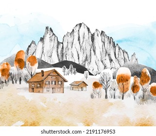 Dolomites Mountains, Italy, Europe. Sketch autumn vector rural landscape. Hand draw illustration with trees, meadow, mounain, houses and watercolor textures