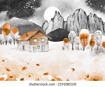 Dolomites Mountains Under Night Sky. Sketch Autumn Vector Rural Landscape. Romantic Hand Draw Illustration With Trees, Meadow, Mounain, House And Watercolor Textures.