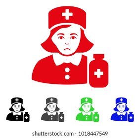 Dolor Apothecary Lady vector pictograph. Vector illustration style is a flat iconic apothecary lady symbol with gray, black, blue, red, green color versions. Face has pitiful emotion.