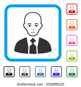 Dolor Bald Boss vector pictogram. Human face has grief emotions. Black, gray, green, blue, red, pink color variants of bald boss symbol in a rounded square.