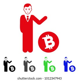 Dolor Bitcoin Businessman vector pictogram. Vector illustration style is a flat iconic bitcoin businessman symbol with grey, black, blue, red, green color versions. Face has sadly sentiment.