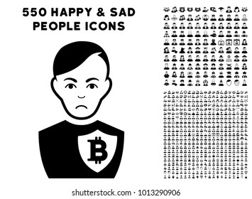 Dolor Bitcoin Police Officer icon with 550 bonus pitiful and happy user design elements. Vector illustration style is flat black iconic symbols.