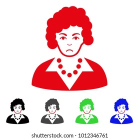 Dolor Brunette Lady vector pictograph. Vector illustration style is a flat iconic brunette lady symbol with gray, black, blue, red, green color variants. Face has sad emotion.