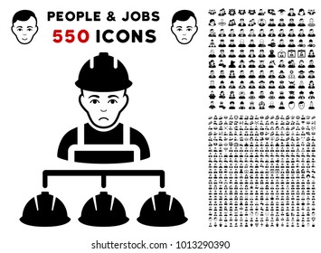 Dolor Builder Management pictograph with 550 bonus pity and glad person graphic icons. Vector illustration style is flat black iconic symbols.