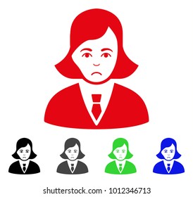 Dolor Business Lady vector icon. Vector illustration style is a flat iconic business lady symbol with grey, black, blue, red, green color versions. Face has stress feeling.