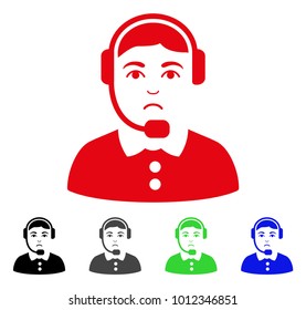 Dolor Call Center Operator vector icon. Vector illustration style is a flat iconic call center operator symbol with grey, black, blue, red, green color versions. Face has dolour expression.