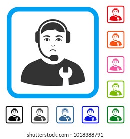 Dolor Call Center Serviceman vector icon. Person face has problem expression. Black, gray, green, blue, red, pink color variants of call center serviceman symbol inside a rounded rectangular frame.