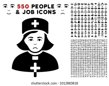 Dolor Church Female Doctor icon with 550 bonus sad and glad person pictures. Vector illustration style is flat black iconic symbols.