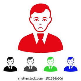 Dolor Clerk Guy vector pictograph. Vector illustration style is a flat iconic clerk guy symbol with gray, black, blue, red, green color versions. Face has depressed mood.