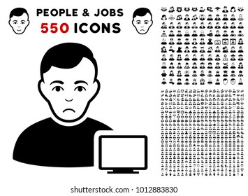 Dolor Computer Administrator pictograph with 550 bonus pity and glad people graphic icons. Vector illustration style is flat black iconic symbols.