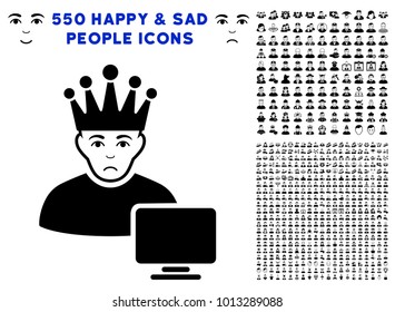 Dolor Computer Moderator icon with 550 bonus pitiful and happy men pictographs. Vector illustration style is flat black iconic symbols.