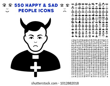 Dolor Devil Priest icon with 550 bonus pitiful and glad jobs pictures. Vector illustration style is flat black iconic symbols.