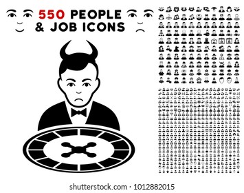 Dolor Devil Roulette Dealer pictograph with 550 bonus pitiful and glad men symbols. Vector illustration style is flat black iconic symbols.