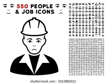Dolor Engineer pictograph with 550 bonus sad and happy jobs design elements. Vector illustration style is flat black iconic symbols.