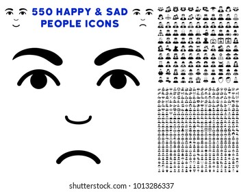 Dolor Face icon with 550 bonus sad and glad person pictograms. Vector illustration style is flat black iconic symbols.
