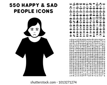 Dolor Female icon with 550 bonus pitiful and happy jobs design elements. Vector illustration style is flat black iconic symbols.