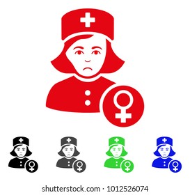 Dolor Gynecologist Lady Doctor vector pictogram. Vector illustration style is a flat iconic gynecologist lady doctor symbol with grey, black, blue, red, green color versions. Face has dolor feeling.