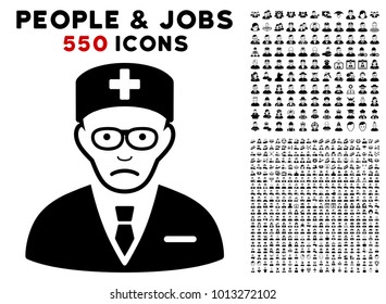 Dolor Head Physician pictograph with 550 bonus pity and happy jobs design elements. Vector illustration style is flat black iconic symbols.