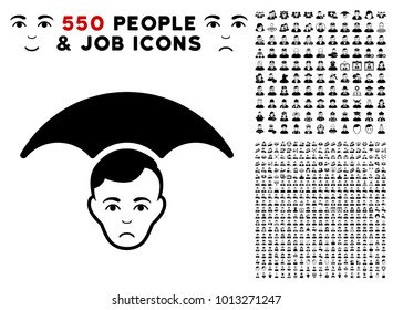 Dolor Head Umbrella icon with 550 bonus pitiful and happy men graphic icons. Vector illustration style is flat black iconic symbols.