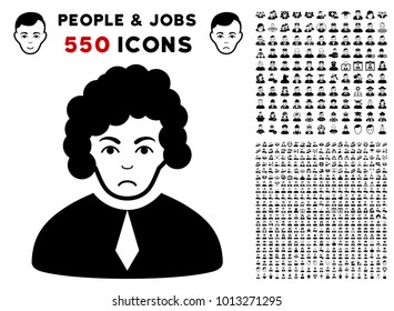 Dolor Judge pictograph with 550 bonus pity and happy user graphic icons. Vector illustration style is flat black iconic symbols.